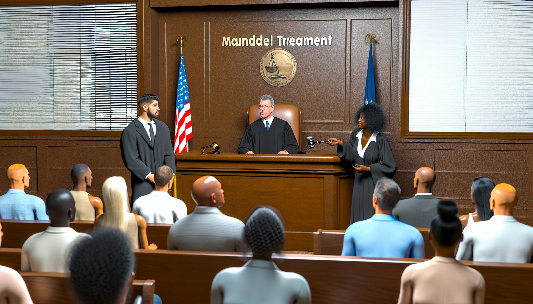 Image of a courtroom with a focus on mandated treatment programs and drug courts