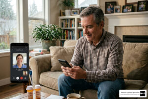 Suboxone at home patient using smartphone for medical consultation - Suboxone at home