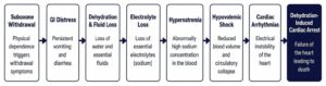 Dehydration and electrolyte loss pathway leading to cardiac complications