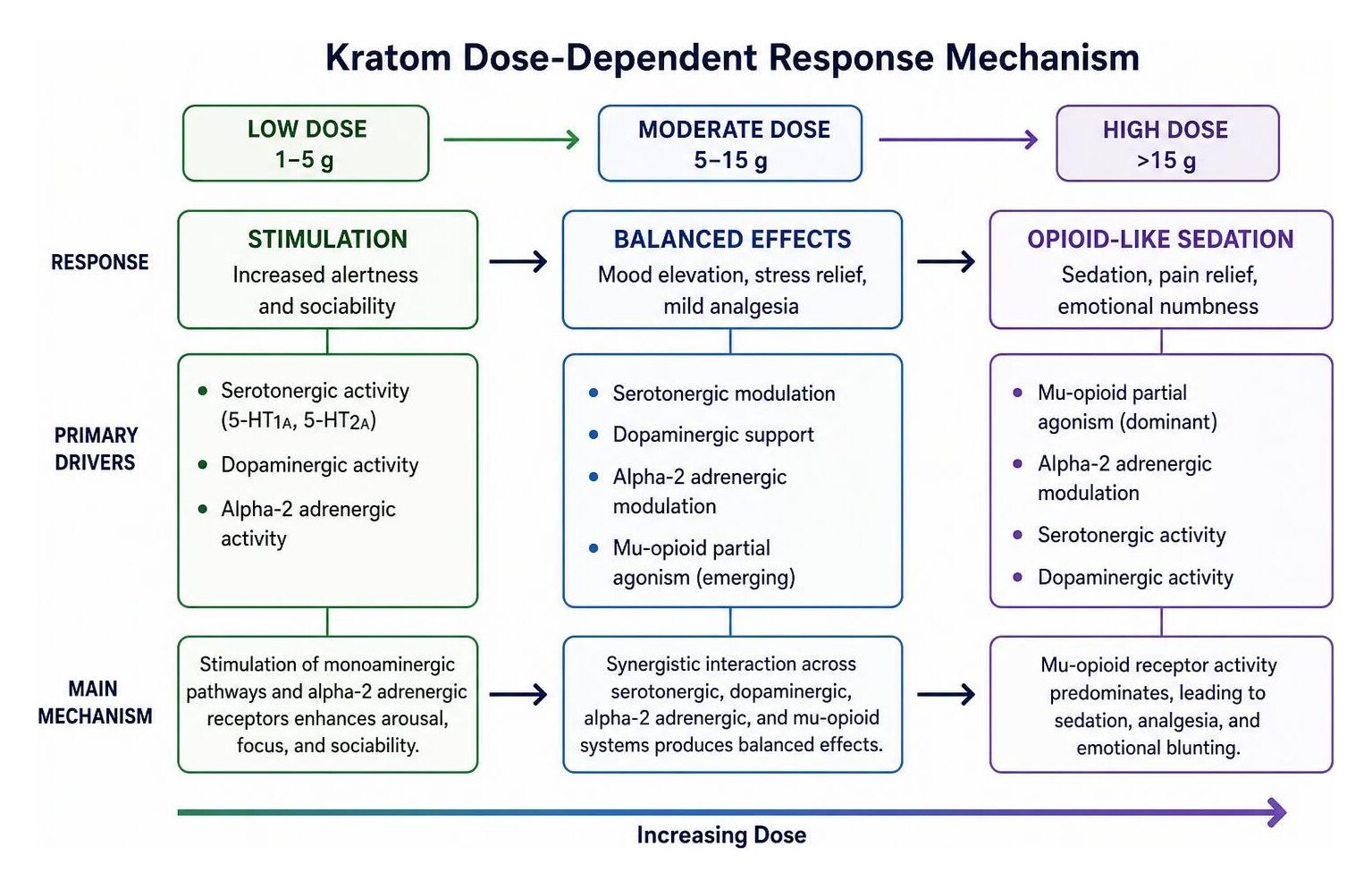 Kratom dose-dependent response mechanism from stimulation to opioid-like sedation