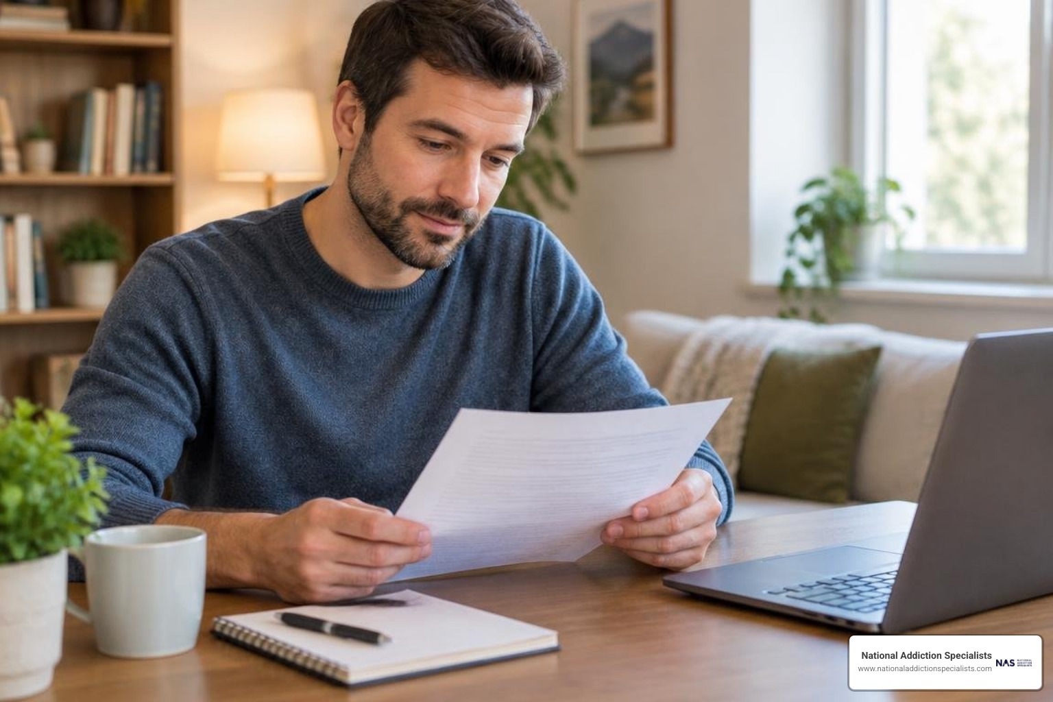 person reviewing an alcohol recovery plan at home